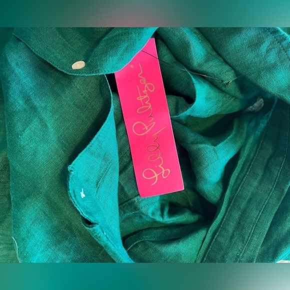NEW LILLY PULITZER sea view linen button down top in evergreen - Picture 13 of 14